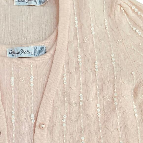 Vtg Marisa Christina Sweater Set Women M Angora Lambswool Beaded Cardigan Pink - Picture 2 of 11